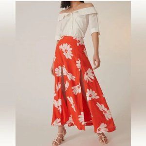 Anthropologie Maeve Orange & White Floral Midi Skirt w Deep Slits Size 12